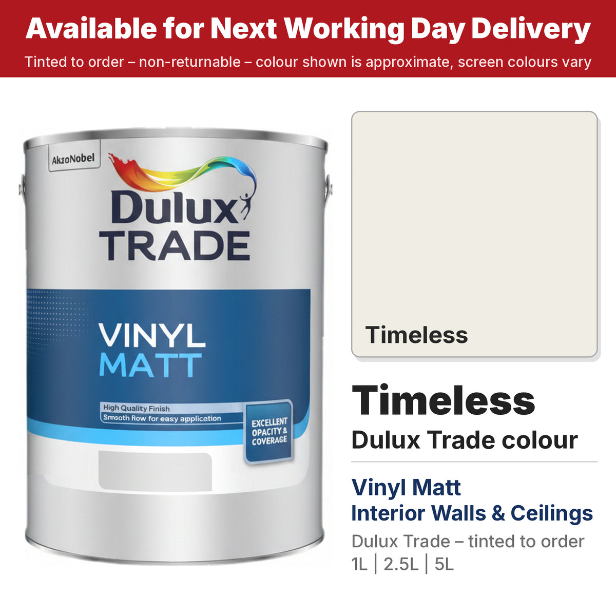 Dulux Trade Vinyl Matt tin with Timeless colour swatch (#F0EDE4)