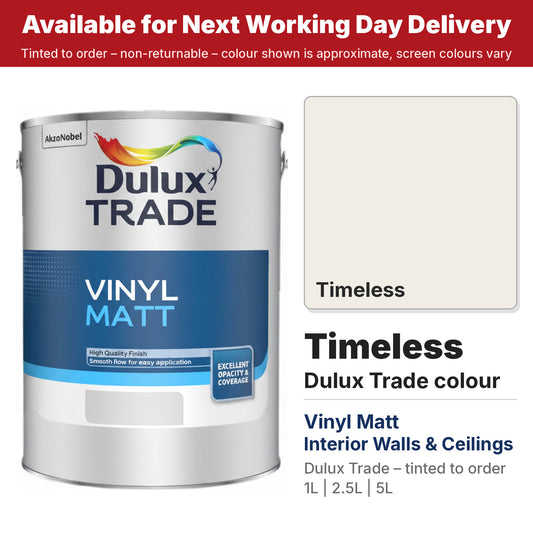 Dulux Trade Vinyl Matt tin with Timeless colour swatch (#F0EDE4)