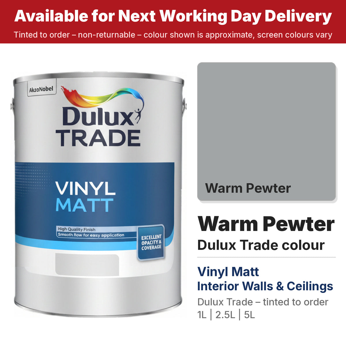Dulux Trade Vinyl Matt tin with Warm Pewter colour swatch (#A2A5A5)