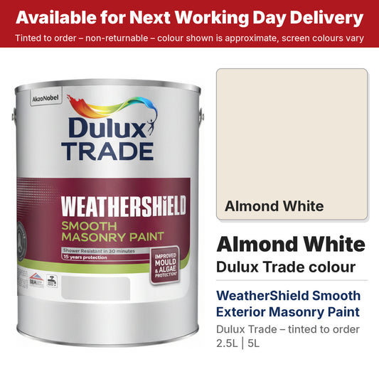 Dulux Trade WeatherShield Smooth Masonry tin with Almond White colour swatch (#EFE7DA)