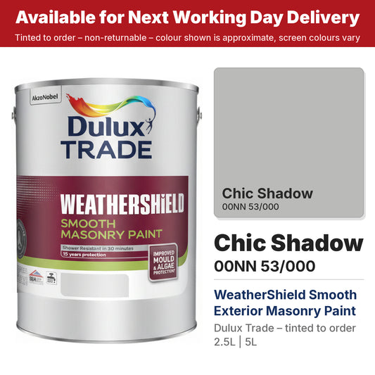 Dulux Trade WeatherShield Smooth Masonry tin with Chic Shadow colour swatch (#BABAB9)