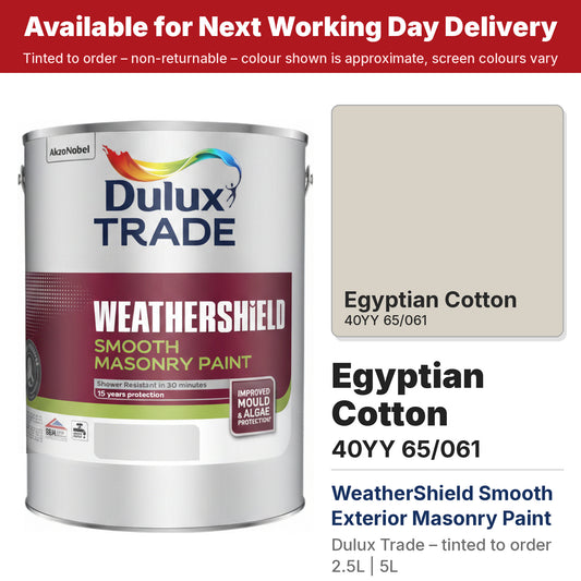 Dulux Trade WeatherShield Smooth Masonry tin with Egyptian Cotton colour swatch (#D8D1C5)