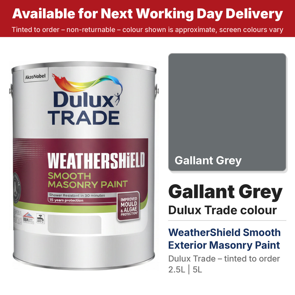 Dulux Trade WeatherShield Smooth Masonry tin with Gallant Grey colour swatch (#686D70)
