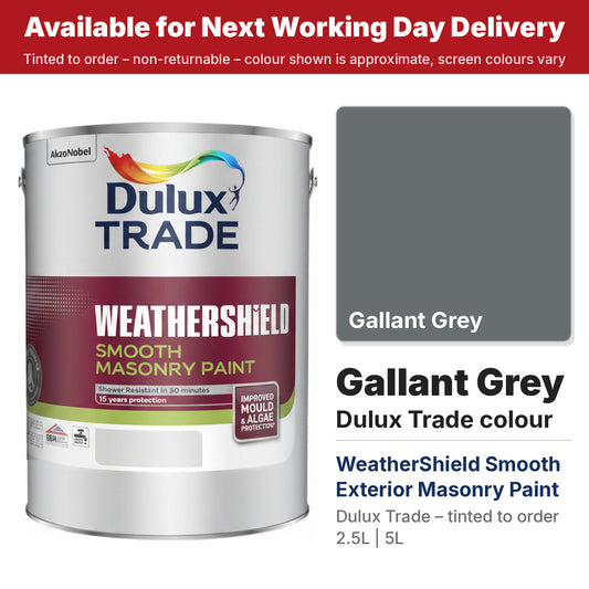 Dulux Trade WeatherShield Smooth Masonry tin with Gallant Grey colour swatch (#686D70)