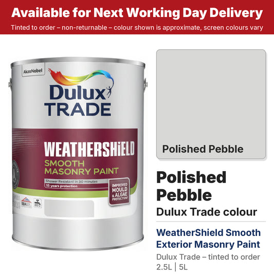 Dulux Trade WeatherShield Smooth Masonry tin with Polished Pebble colour swatch (#D8D8D7)