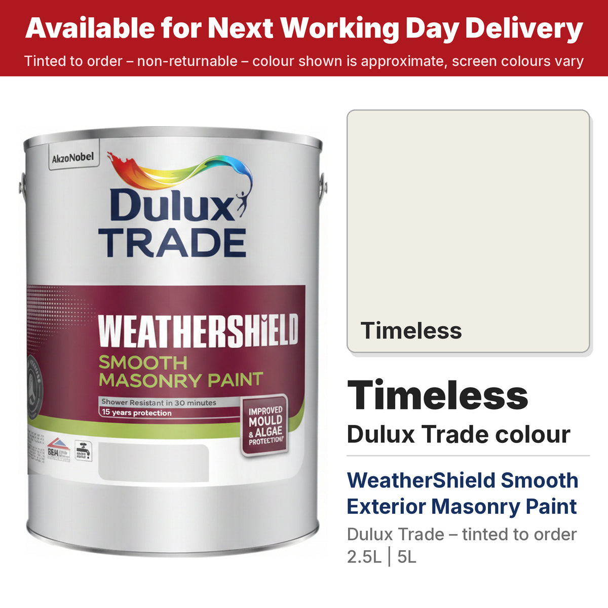 Dulux Trade WeatherShield Smooth Masonry tin with Timeless colour swatch (#F0EDE4)