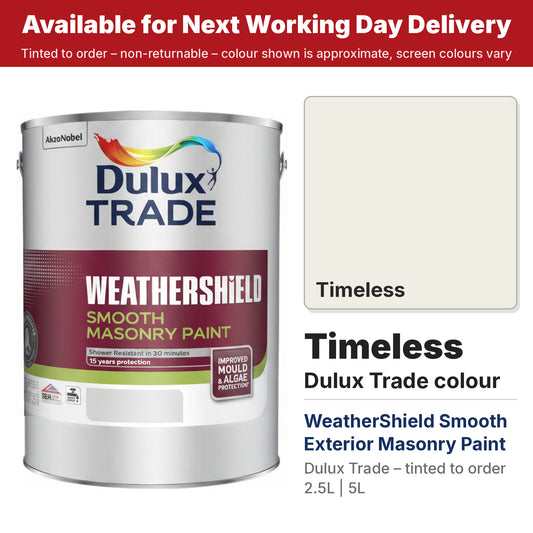 Dulux Trade WeatherShield Smooth Masonry tin with Timeless colour swatch (#F0EDE4)