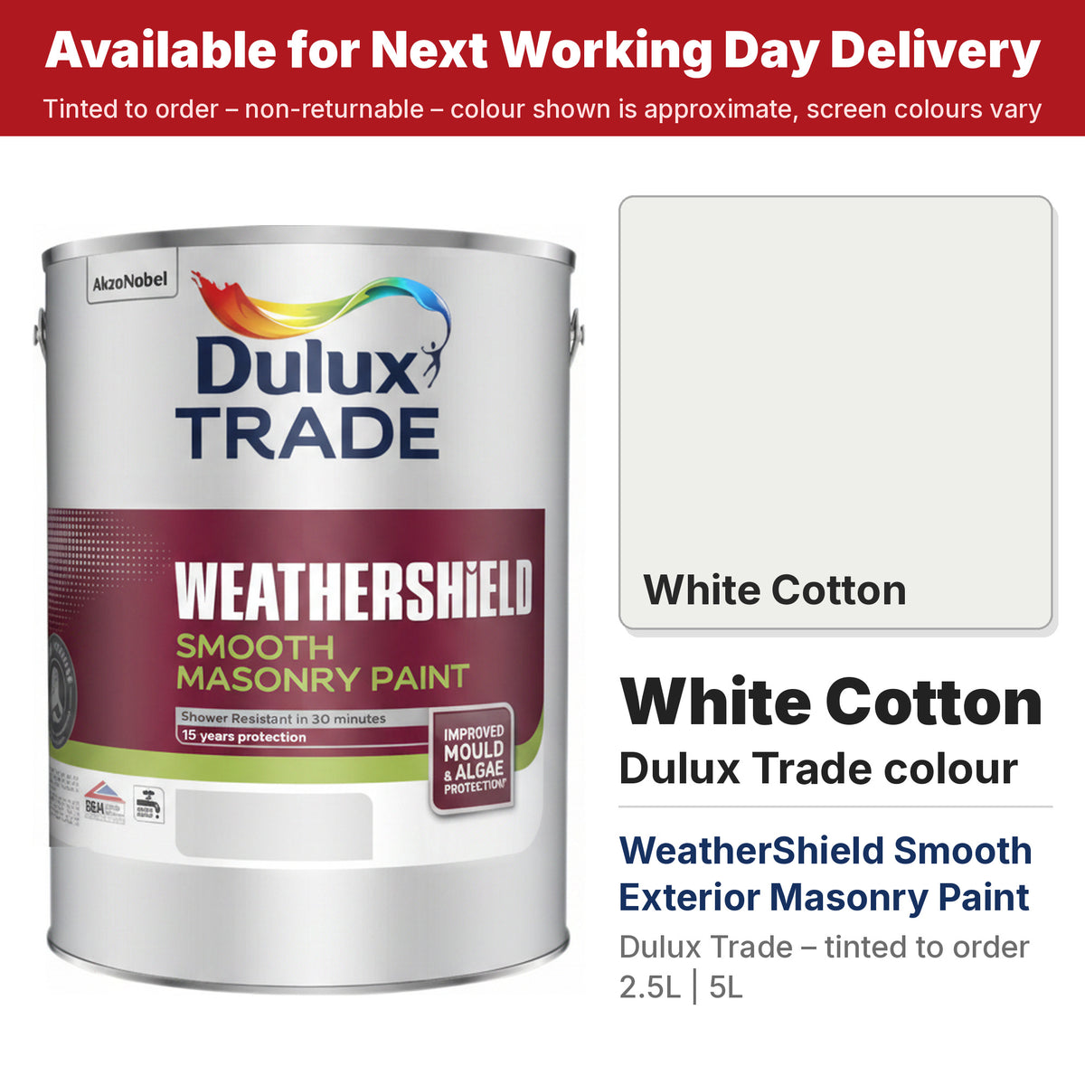 Dulux Trade WeatherShield Smooth Masonry tin with White Cotton colour swatch (#EEEFEA)