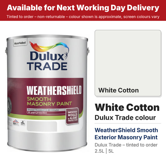 Dulux Trade WeatherShield Smooth Masonry tin with White Cotton colour swatch (#EEEFEA)