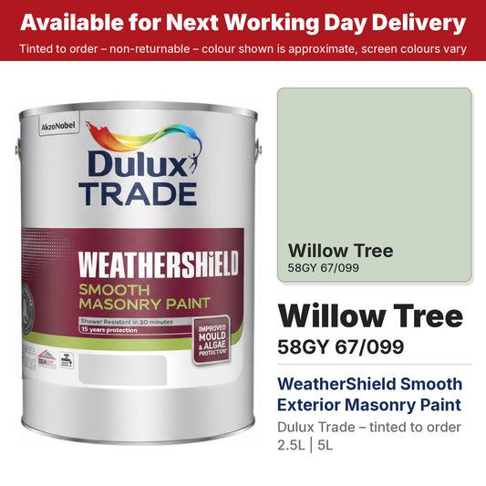 Dulux Trade WeatherShield Smooth Masonry tin with Willow Tree colour swatch (#C9D7C4)