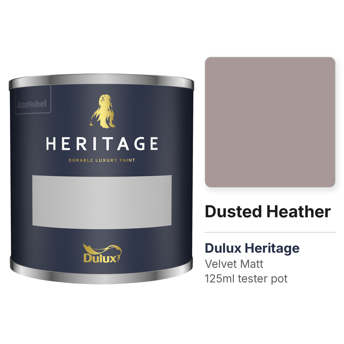 Dulux Heritage Dusted Heather 125ml tester pot and colour swatch