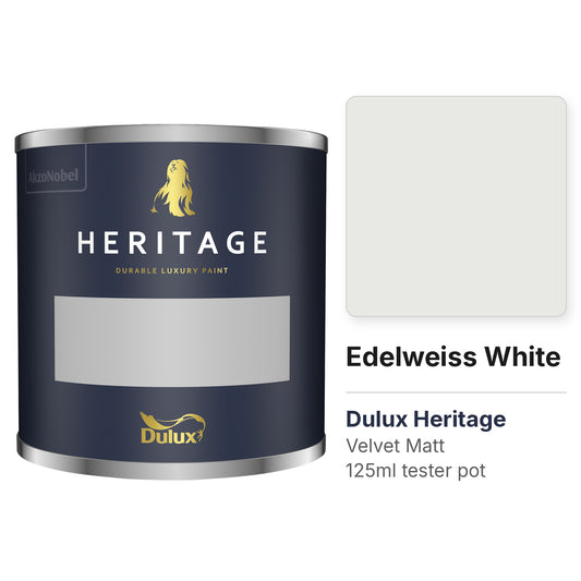 Dulux Heritage Edelweiss White 125ml tester pot and colour swatch