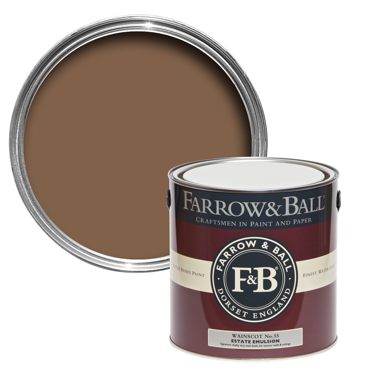 Farrow & Ball Wainscot No.55 colour swatch and paint tin