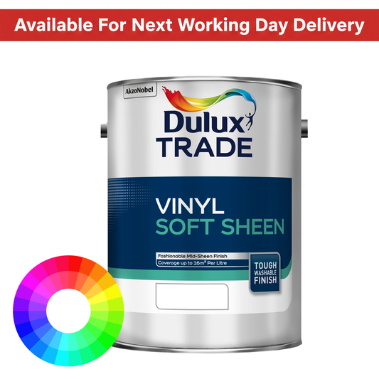 Dulux Trade Vinyl Soft Sheen tinted colour paint tin with next working day delivery banner and colour wheel - tough washable soft sheen emulsion for interior walls and ceilings available in thousands of colours