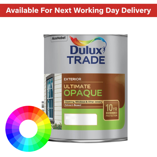 Dulux Trade Ultimate Opaque tinted colour tin with next working day delivery banner and colour wheel - 10 year exterior opaque wood coating available in a wide range of colours