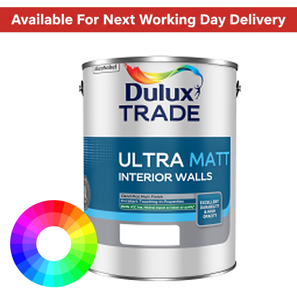 Dulux Trade Ultra Matt Interior Walls tinted colour paint tin with next working day delivery banner and colour wheel - dead flat scrubbable matt emulsion for interior walls available in thousands of colours