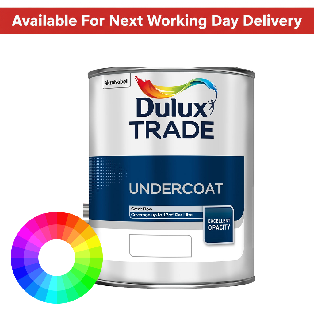 Dulux Trade Undercoat tinted colour paint tin with next working day delivery banner and colour wheel - high opacity solvent based undercoat for wood and metal available in thousands of colours