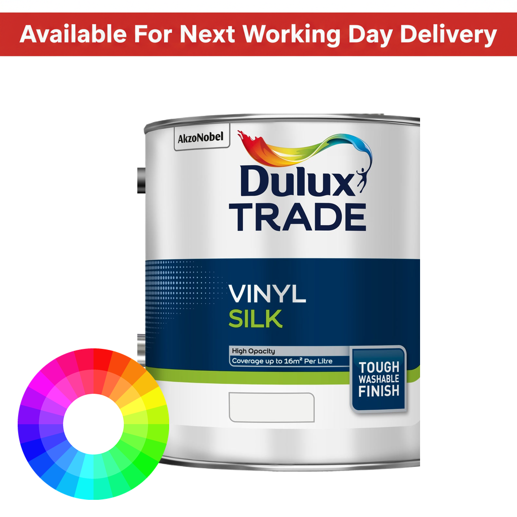 Dulux Trade Vinyl Silk tinted colour paint tin with next working day delivery banner and colour wheel - tough washable silk emulsion for interior walls and ceilings available in thousands of colours