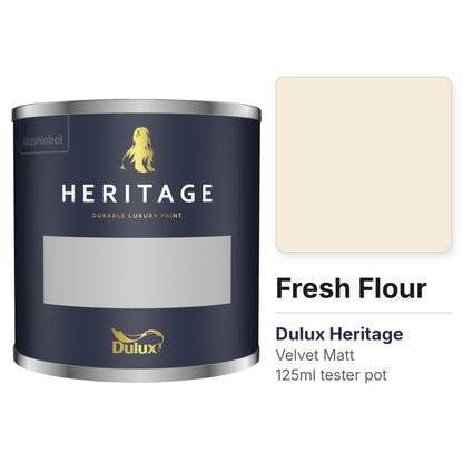Dulux Heritage Fresh Flour 125ml tester pot and colour swatch