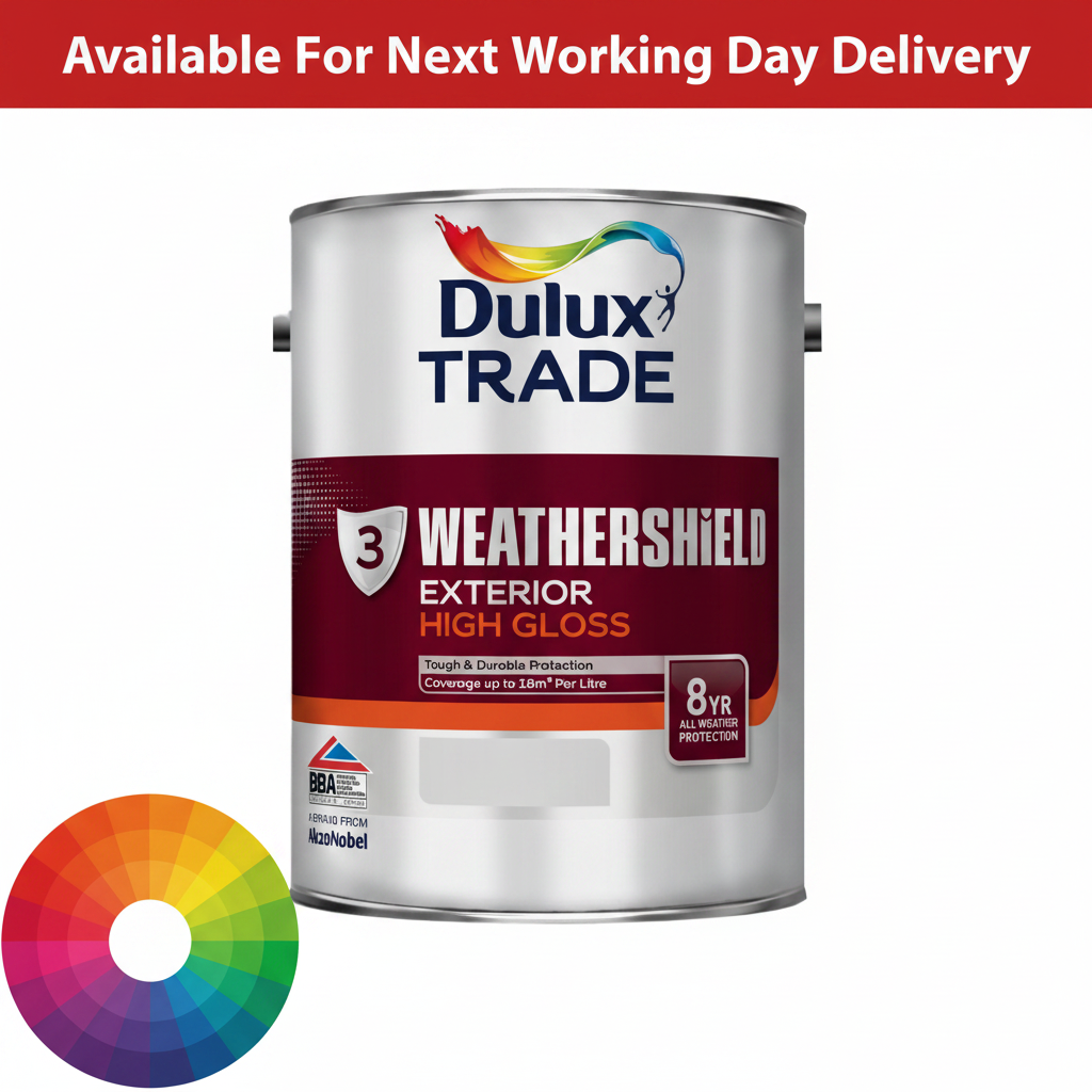 Dulux Trade WeatherShield Exterior High Gloss tinted colour paint tin with next working day delivery banner and colour wheel - 8 year all weather protection tough durable BBA approved exterior gloss finish available in thousands of colours