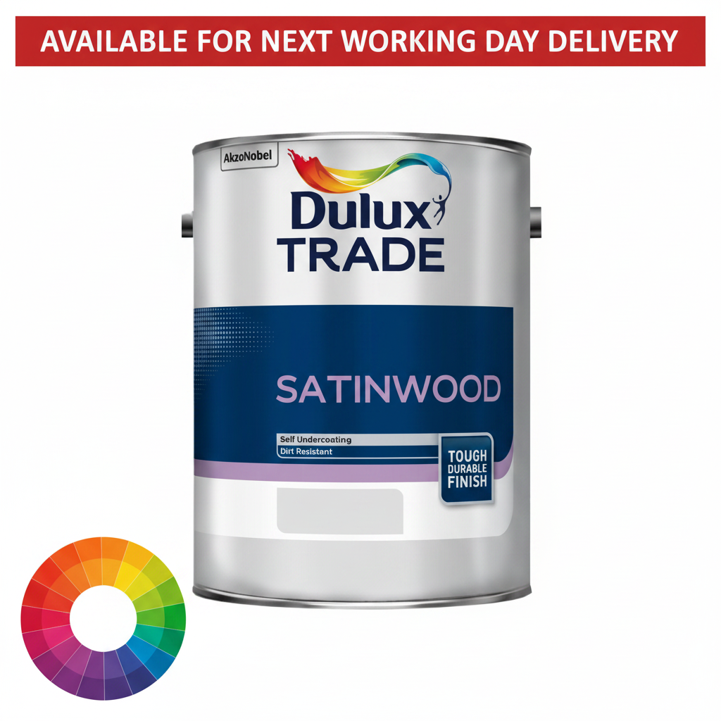 Dulux Trade Satinwood tinted colour paint tin with next working day delivery banner and colour wheel - self undercoating dirt resistant tough durable satin finish available in thousands of colours