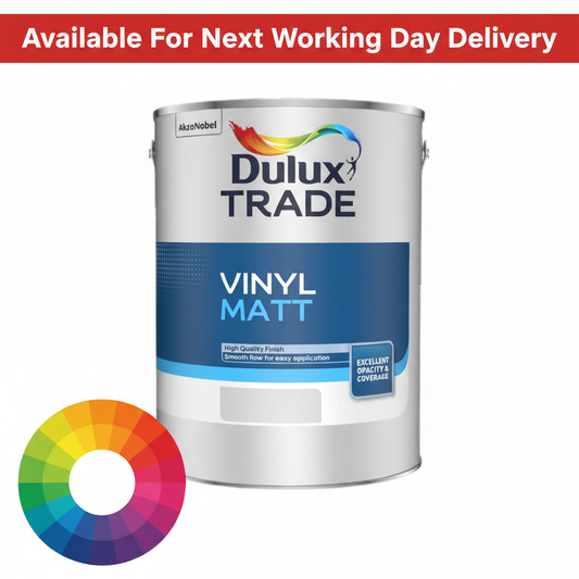 Dulux Trade Vinyl Matt tinted colour paint tin with next working day delivery banner and colour wheel - high quality matt emulsion for interior walls and ceilings available in thousands of colours