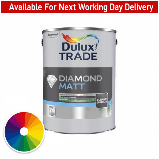 Dulux Trade Diamond Matt tinted colour paint tin with next working day delivery banner and colour wheel - stain-resistant ultra durable interior matt paint available in thousands of colours