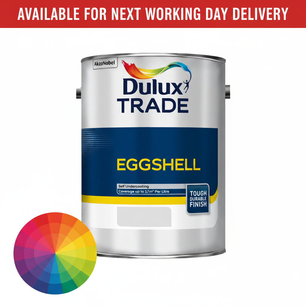 Dulux Trade Eggshell tinted colour paint tin with next working day delivery banner and colour wheel - self undercoating tough durable oil based eggshell finish for interior wood and metal available in thousands of colours