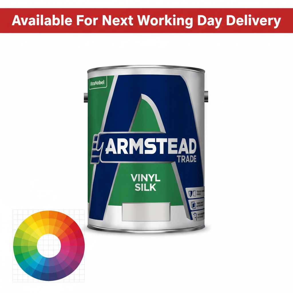 Armstead Trade Vinyl Silk tinted colour 5 litre paint tin - available for next working day delivery - washable silk sheen finish for interior walls and ceilings available in thousands of tinted colours