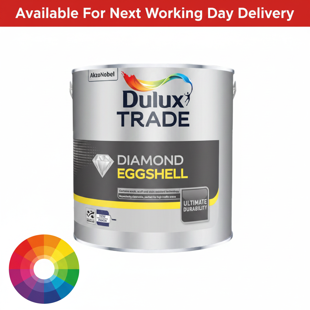 Dulux Trade Diamond Eggshell tinted colour paint tin with next working day delivery banner and colour wheel - scrub scuff and stain resistant ultimate durability eggshell finish available in thousands of colours