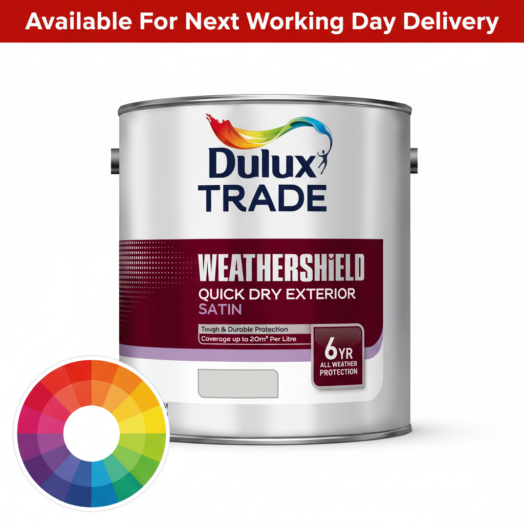Dulux Trade WeatherShield Quick Dry Exterior Satin tinted colour 2.5 litre paint tin - available for next working day delivery - 6 year all weather protection tough durable satin finish for exterior wood available in thousands of tinted colours