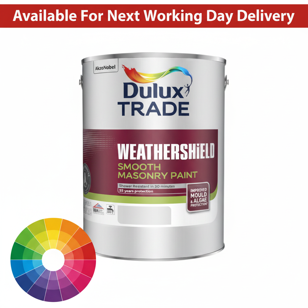 Dulux Trade WeatherShield Smooth Masonry Paint tinted colour tin with next working day delivery banner and colour wheel - 15 years protection with improved mould and algae resistance available in thousands of colours