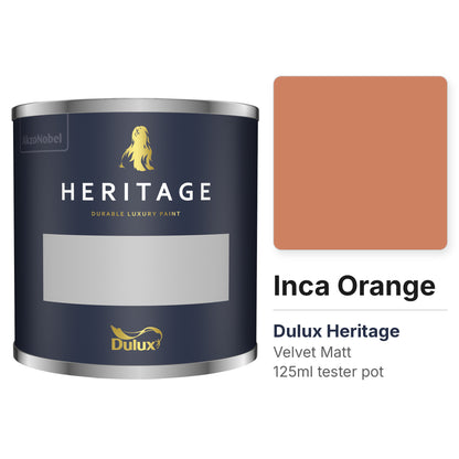 Dulux Heritage Inca Orange 125ml tester pot and colour swatch