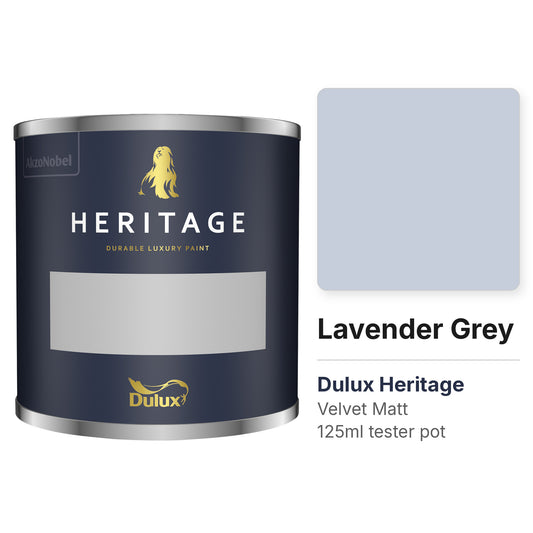 Dulux Heritage Lavender Grey 125ml tester pot and colour swatch