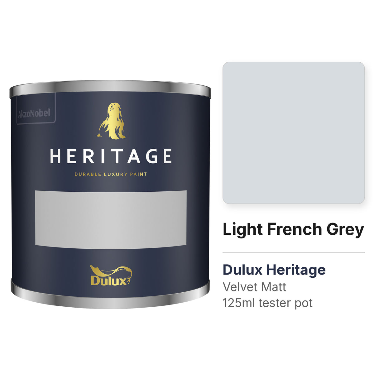 Dulux Heritage Light French Grey 125ml tester pot and colour swatch