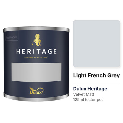 Dulux Heritage Light French Grey 125ml tester pot and colour swatch