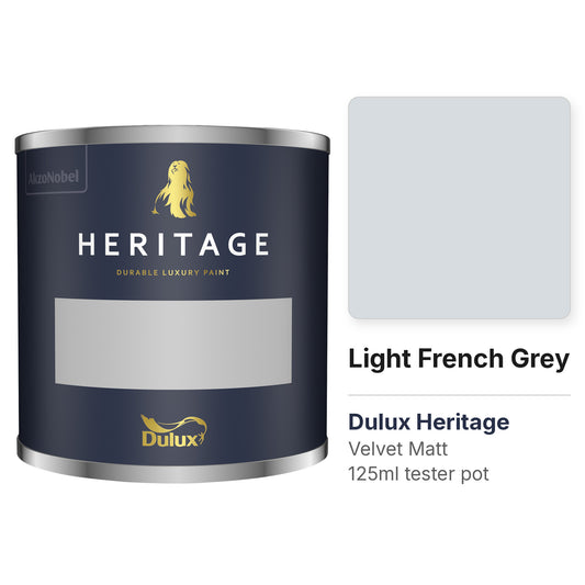 Dulux Heritage Light French Grey 125ml tester pot and colour swatch