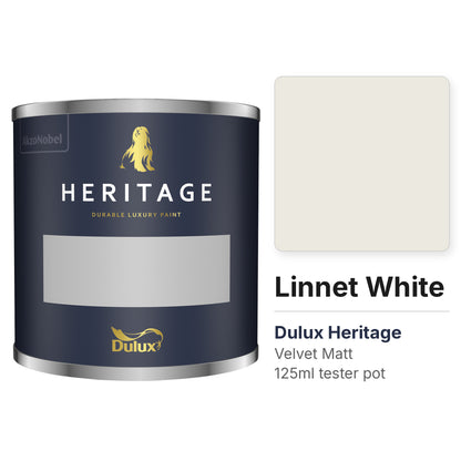 Dulux Heritage Linnet White 125ml tester pot and colour swatch