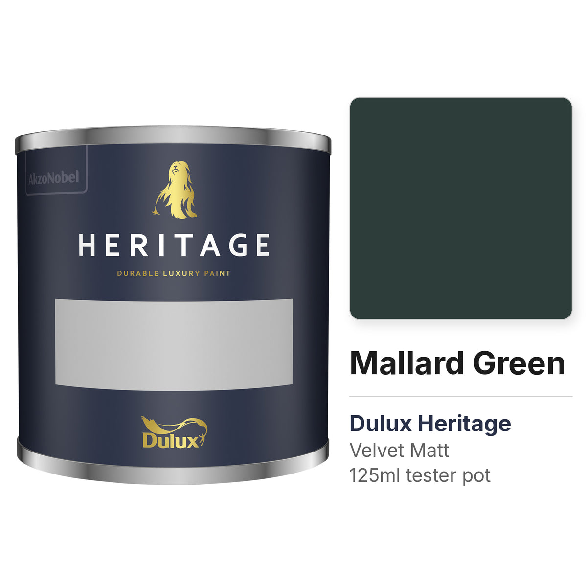 Dulux Heritage Mallard Green 125ml tester pot and colour swatch