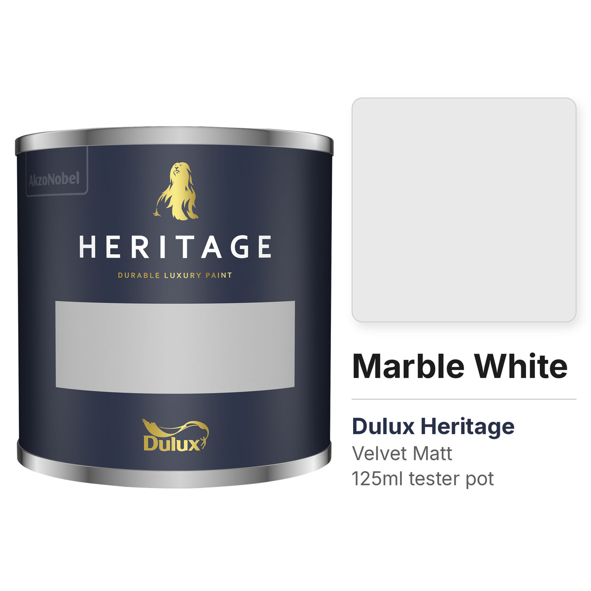 Dulux Heritage Marble White 125ml tester pot and colour swatch