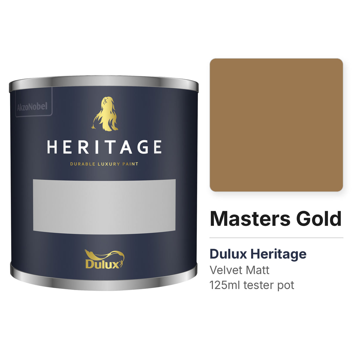 Dulux Heritage Masters Gold 125ml tester pot and colour swatch