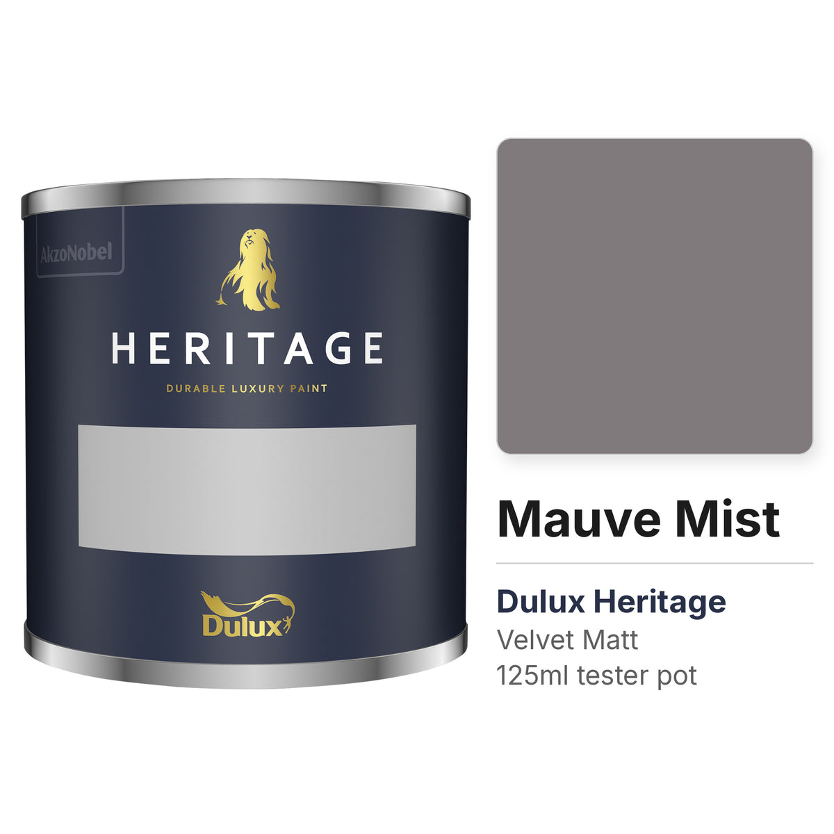 Dulux Heritage Mauve Mist 125ml tester pot and colour swatch