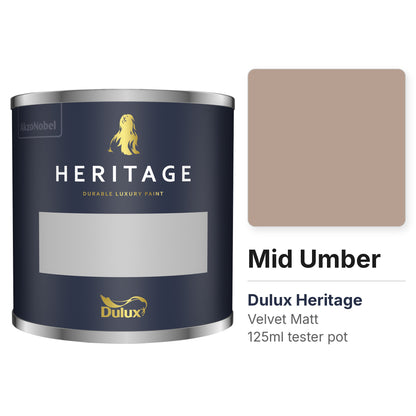 Dulux Heritage Mid Umber 125ml tester pot and colour swatch