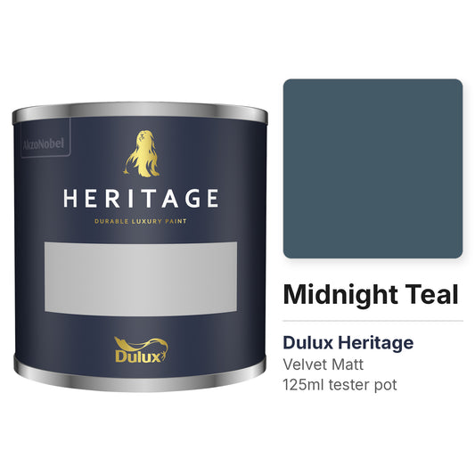 Dulux Heritage Midnight Teal 125ml tester pot and colour swatch