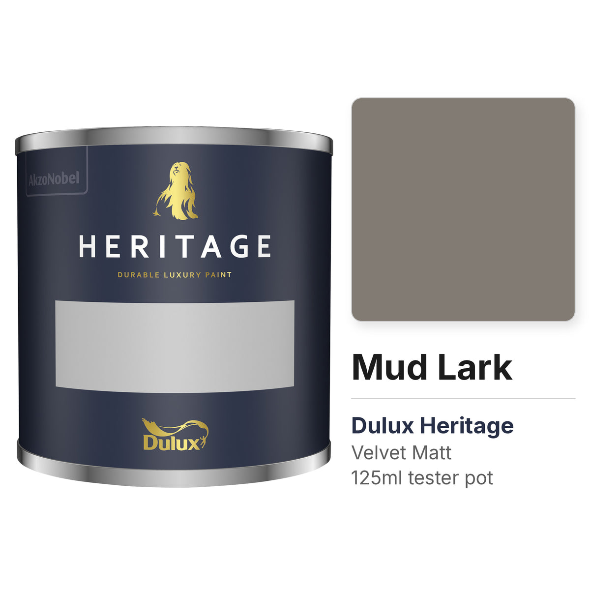 Dulux Heritage Mud Lark 125ml tester pot and colour swatch