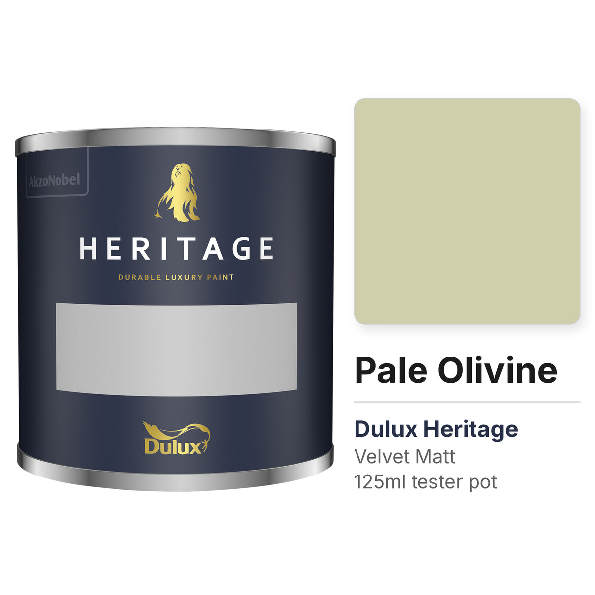 Dulux Heritage Pale Olivine 125ml tester pot and colour swatch