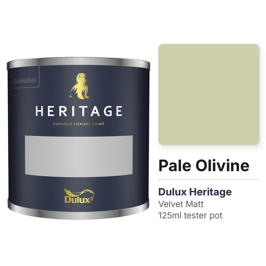 Dulux Heritage Pale Olivine 125ml tester pot and colour swatch