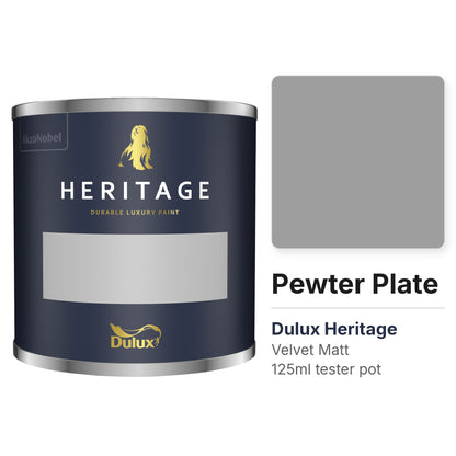 Dulux Heritage Pewter Plate 125ml tester pot and colour swatch