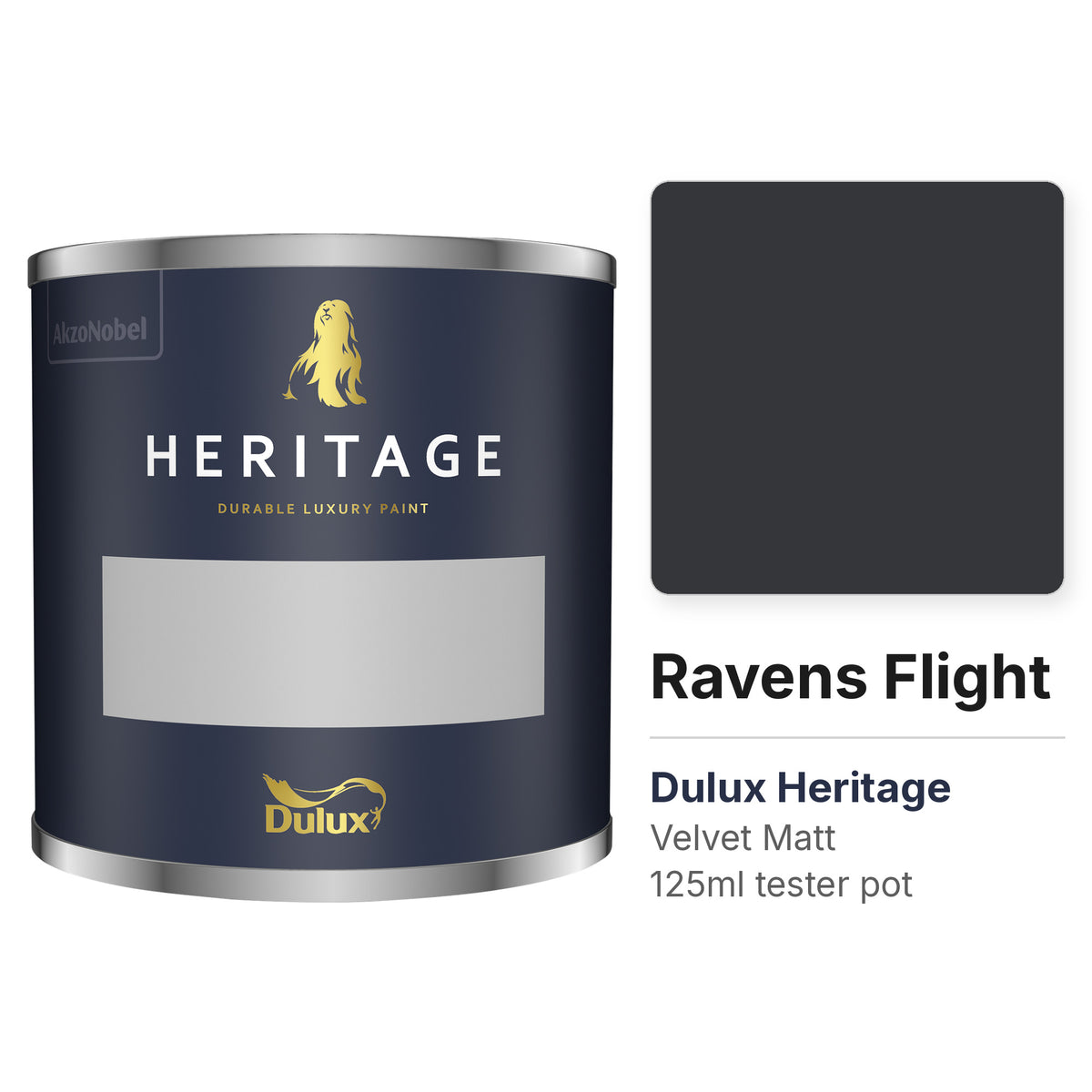 Dulux Heritage Ravens Flight 125ml tester pot and colour swatch