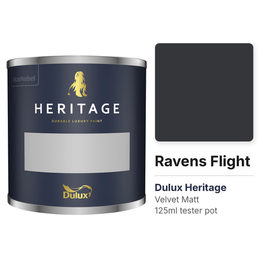 Dulux Heritage Ravens Flight 125ml tester pot and colour swatch